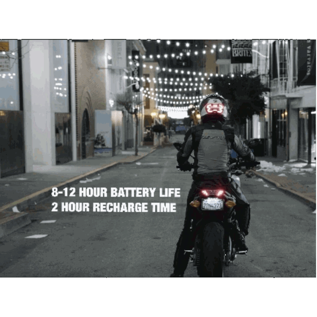 Brake Free - an ultra-bright smart LED brake light that instantly improves rider's visibility. This GIF highlights key features of Brake Free. Simple installation, no wires. Smart brake light for your helmet. Be seen day and night. Ride in any weather. Long lasting rechargeable lithium ion battery.
