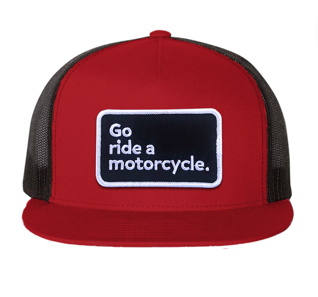 flat brim hat motorcycle helmet "Go ride a motorcycle" Flat Brim Snapback Trucker Hat